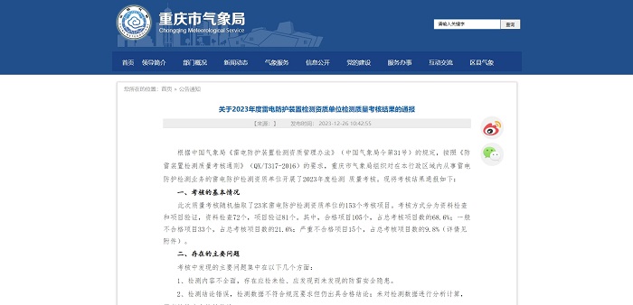 關(guān)于2023年度雷電防護裝置檢測資質(zhì)單位檢測質(zhì)量考核結(jié)果的通報